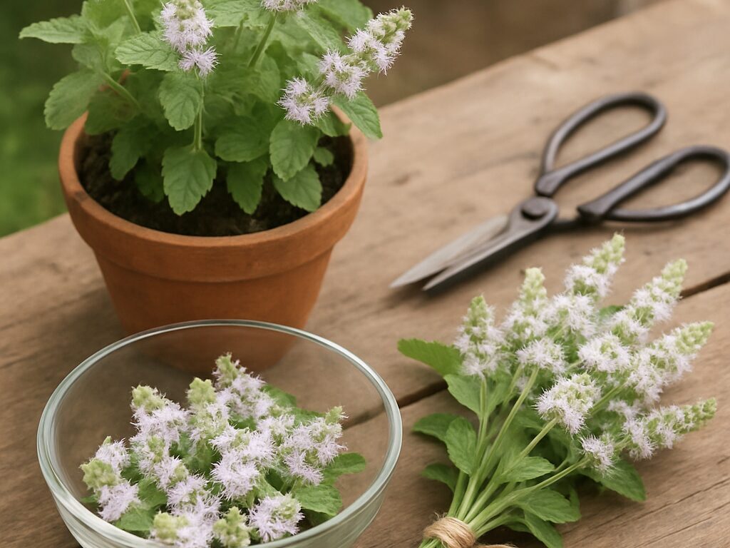 淡桃色のアップルミントの花を紅茶とデザートに添え、爽やかに飾った食卓シーン