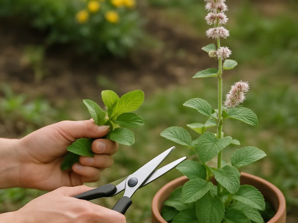 庭でアップルミントの花穂をハサミで摘み取り、葉の収穫を優先する手入れの様子