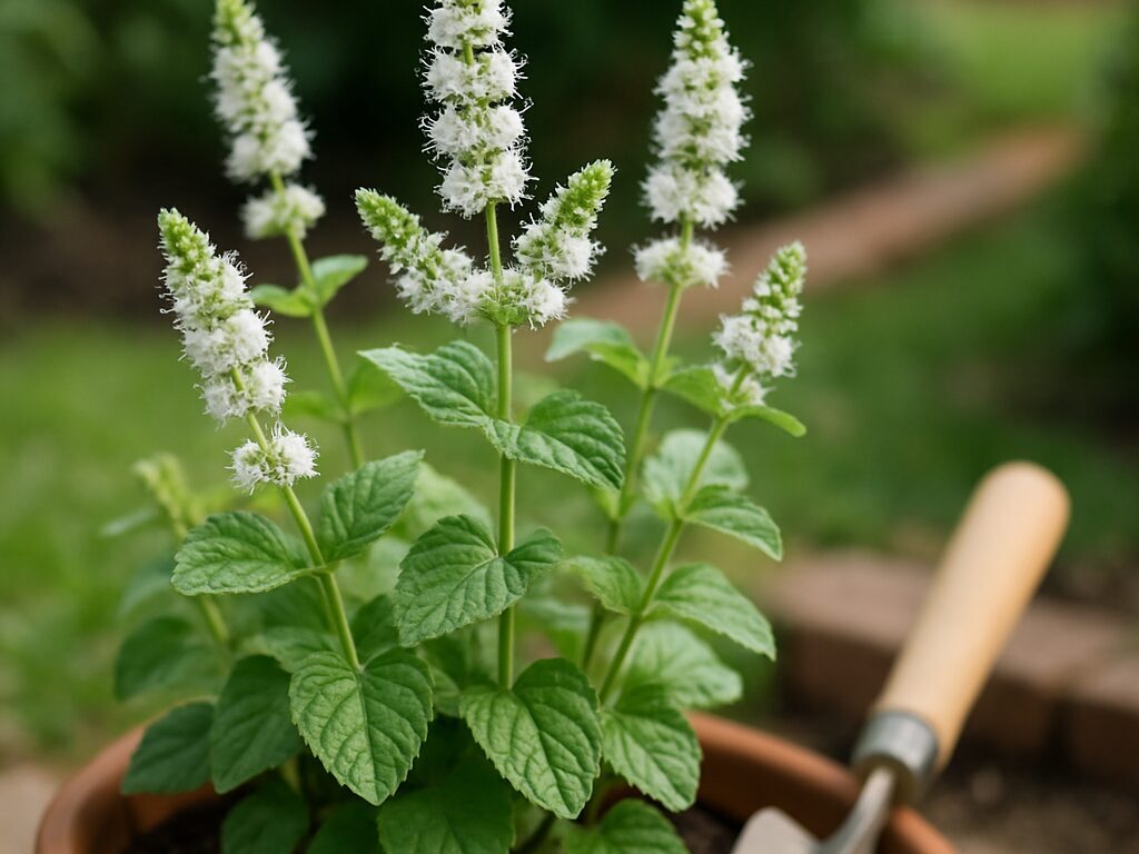 初夏の光に透ける淡い花穂と瑞々しい葉が茂るアップルミントの株の全体像