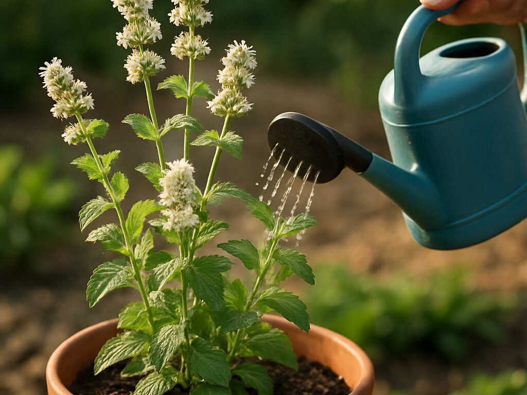 半日陰のベランダで敷き藁を施した鉢植えアップルミントに、ジョウロで水やりする夏の管理