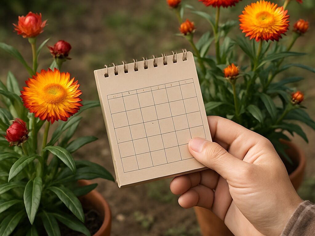 春の植え付けをする手元とジョウロ、剪定ばさみや肥料を並べた作業台
