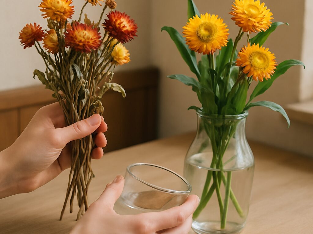 暗所で逆さに吊るした帝王貝細工のドライ束と、水換えした切り花の花瓶