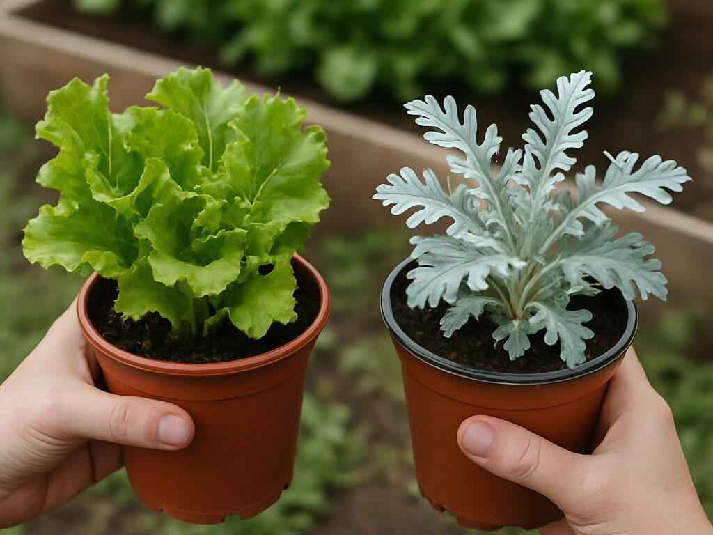 吊り鉢から垂れるヘリクリサム・ペティオラレの丸い銀葉と柔らかな質感