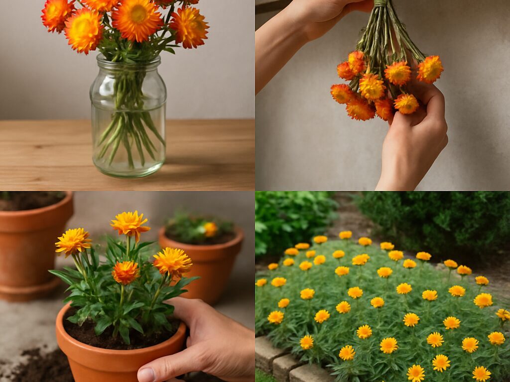 花瓶の帝王貝細工、吊るしたドライ束、銀葉の寄せ植えで用途の違いを示す