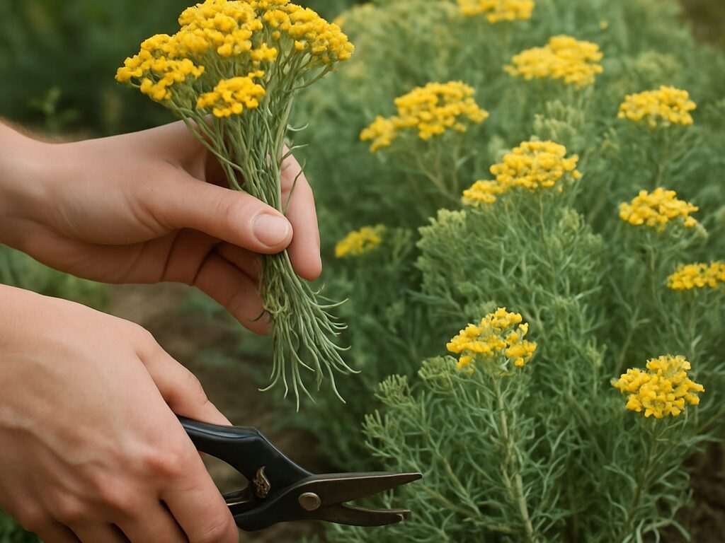 カレープラント（Helichrysum italicum）の灰緑の細葉と黄花を束ねる