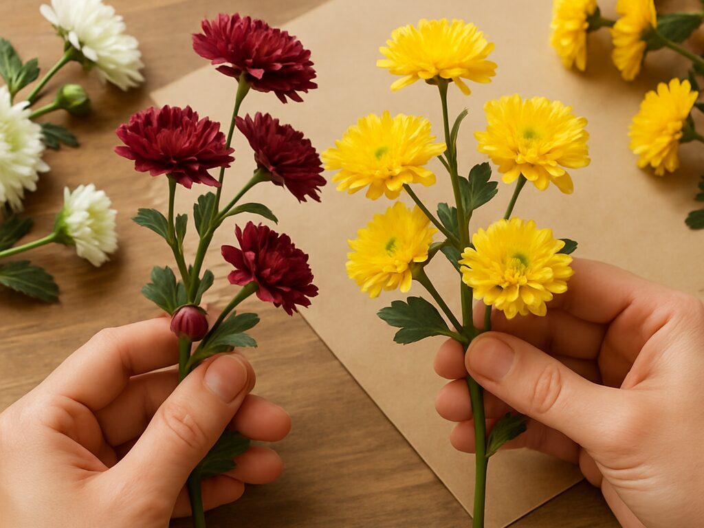 花店のバケツに並ぶスプレー菊を手に取り、締まった蕾と鮮やかな葉色を確かめる