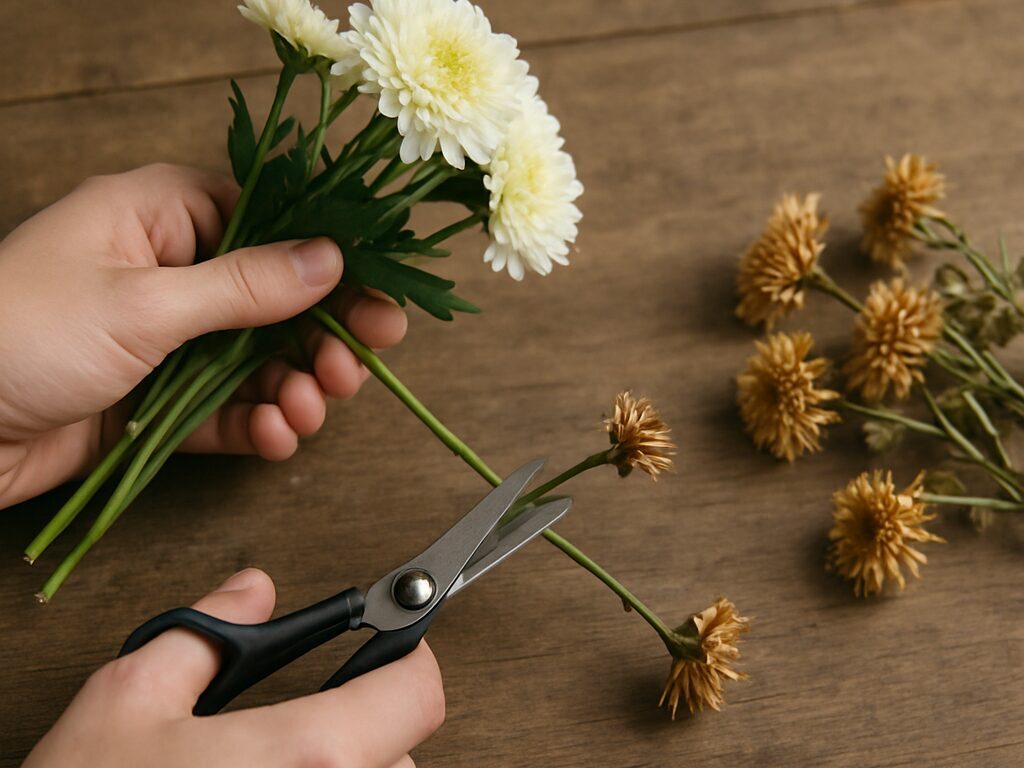 暗所でスプレー菊の束を逆さに吊るし、風通し良く乾燥させるドライフラワー作り