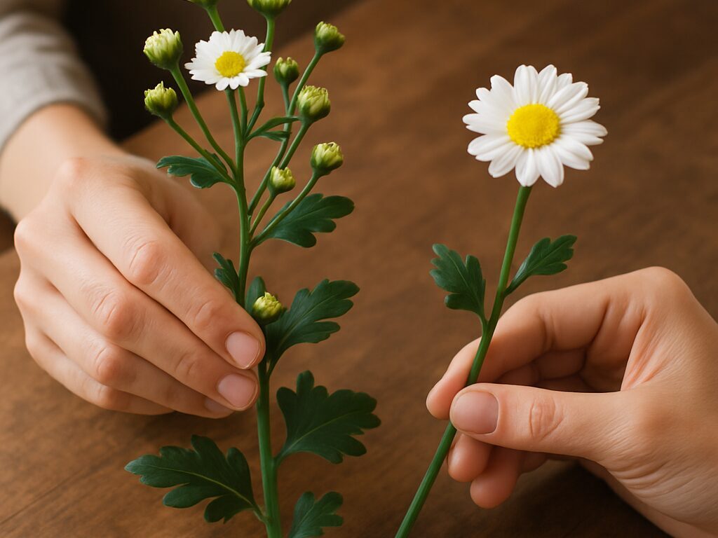 白と黄の小花が房状に咲くスプレー菊の一茎を手に持ち、特徴を示す接写