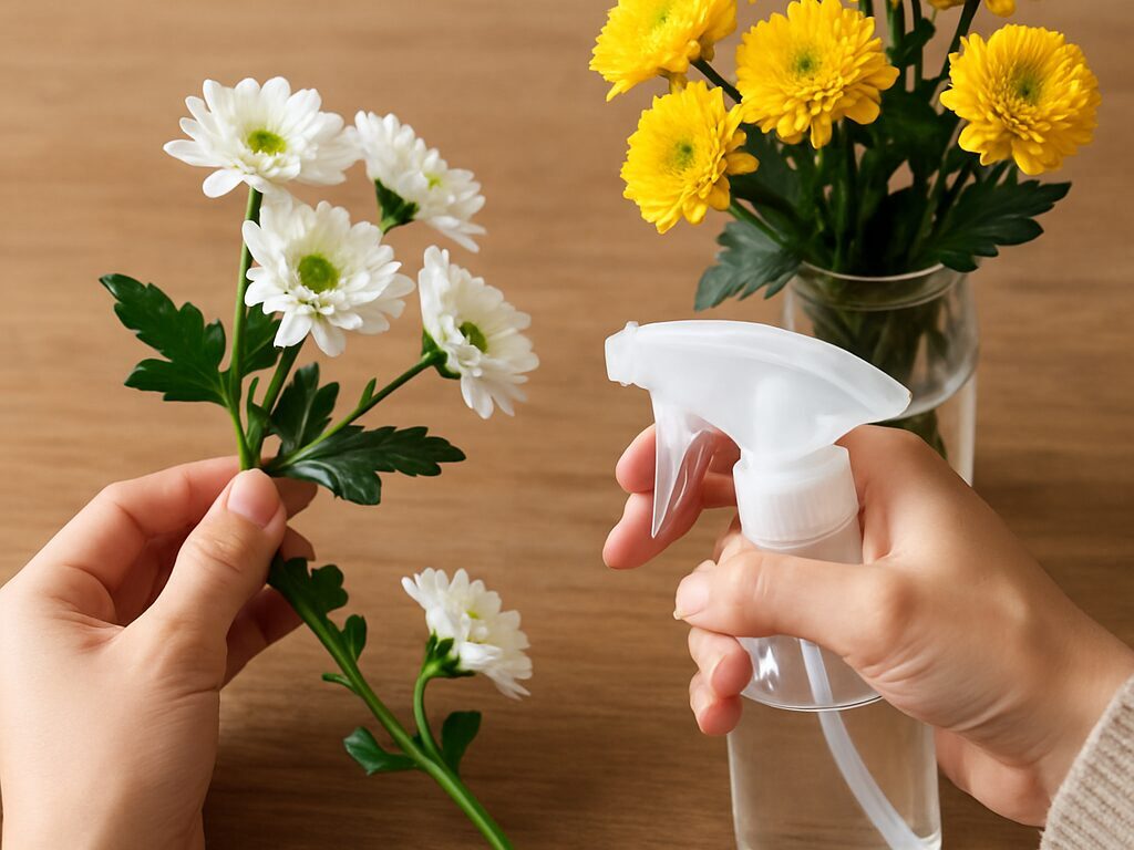 ガラス花瓶のスプレー菊を水替えし、茎を斜めに切って下葉を外す手入れの手元
