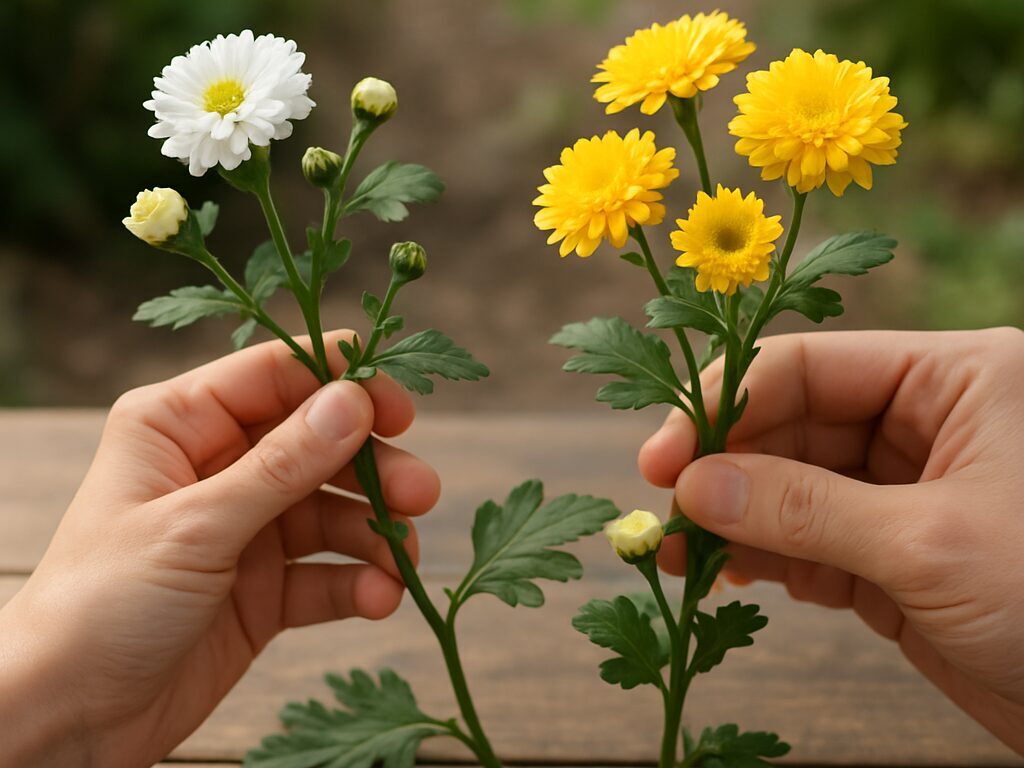 鉢植えの菊苗の頂芽を摘心し支柱を添える作業。蕾が色づく屋外での栽培風景