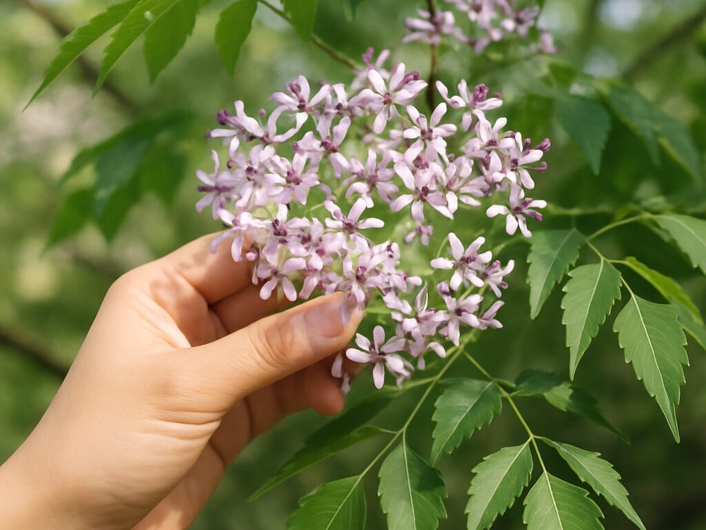 薄紫の星形花が房状に咲くセンダンの枝先。中央の濃紫の筒状のしべが特徴。
