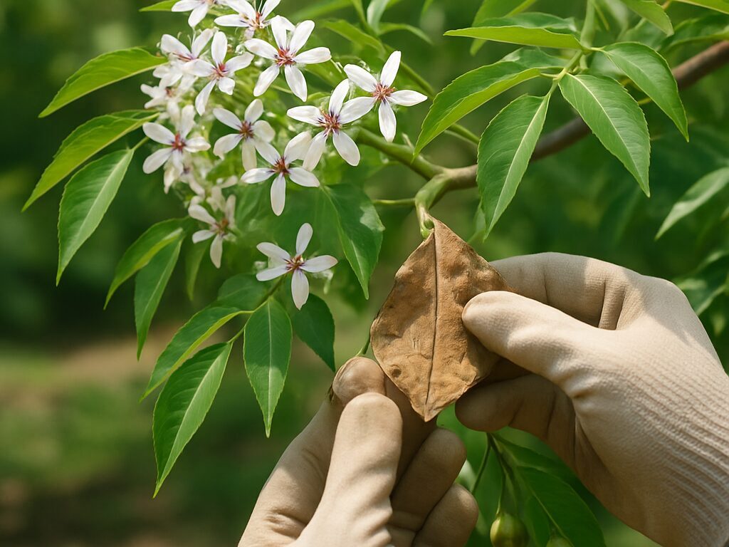 虫食い跡や褐斑の出た葉を示し、手袋で葉裏を点検。カイガラムシや乾燥ストレスに備える。