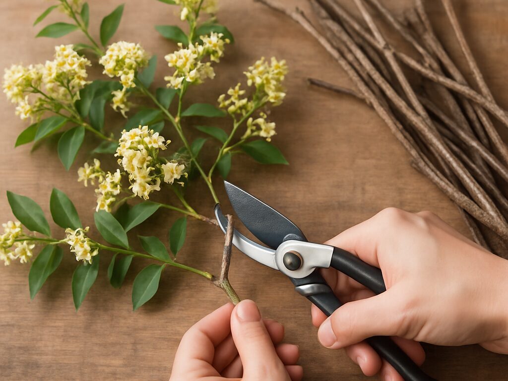 薄紫の花房を付けたセンダンの切り枝を花瓶に生け、別の枝は逆さ吊りで乾燥中。