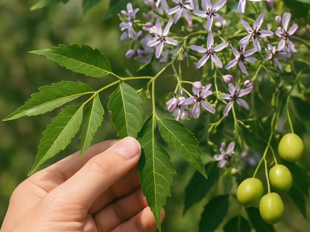 大きな二回羽状複葉と薄紫の花房、枝先に付く若い緑の丸い実を同時に示す。