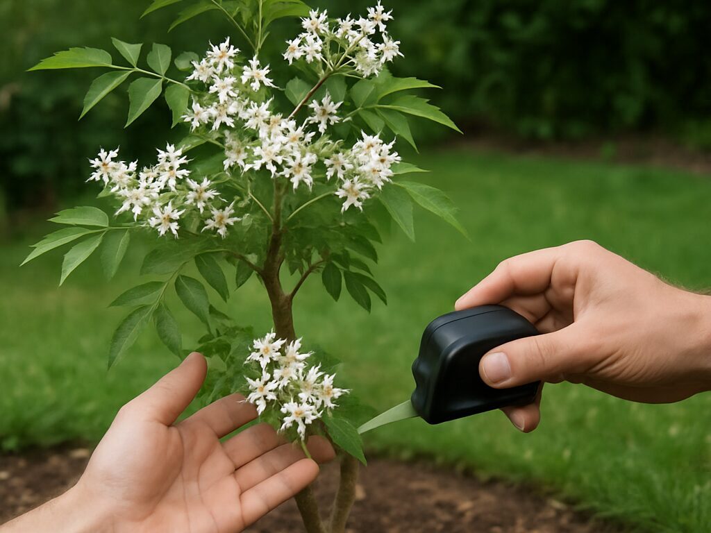 日当たりと風通しの良い庭に植えたセンダン。広がる枝張りと落葉樹の樹形がわかる全景。