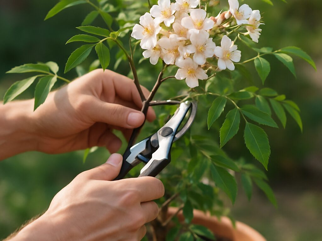 剪定ばさみで伸びた新梢を間引く手元。蕾を残し通風を確保して毎年の花付きを促す管理。