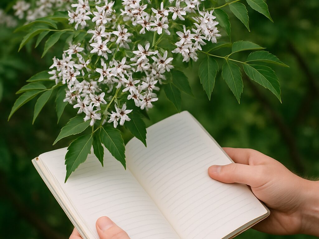 青空の下、枝いっぱいに薄紫の花が房咲きするセンダンの木を鮮やかに切り取る。
