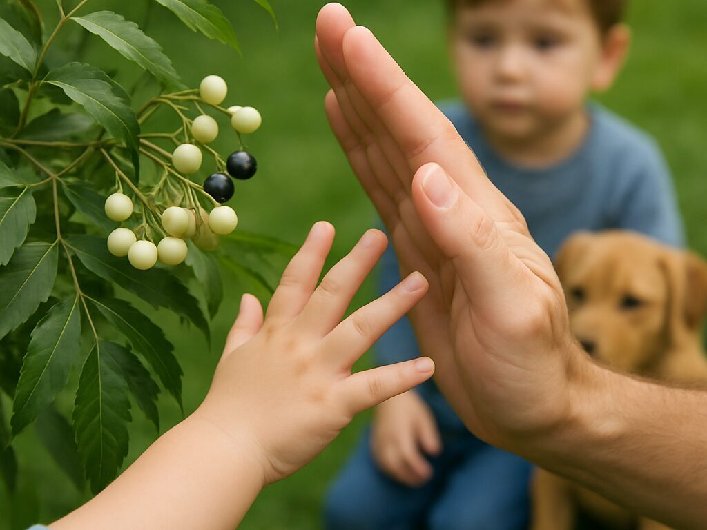 落ちた黄熟の丸い実が散る足元を柵で仕切った庭。子どもやペットの誤食を防ぐ配慮。