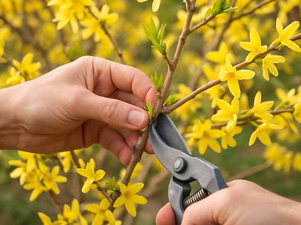 開花後のレンギョウを剪定ばさみで古枝を切り戻し、株姿を整える手元