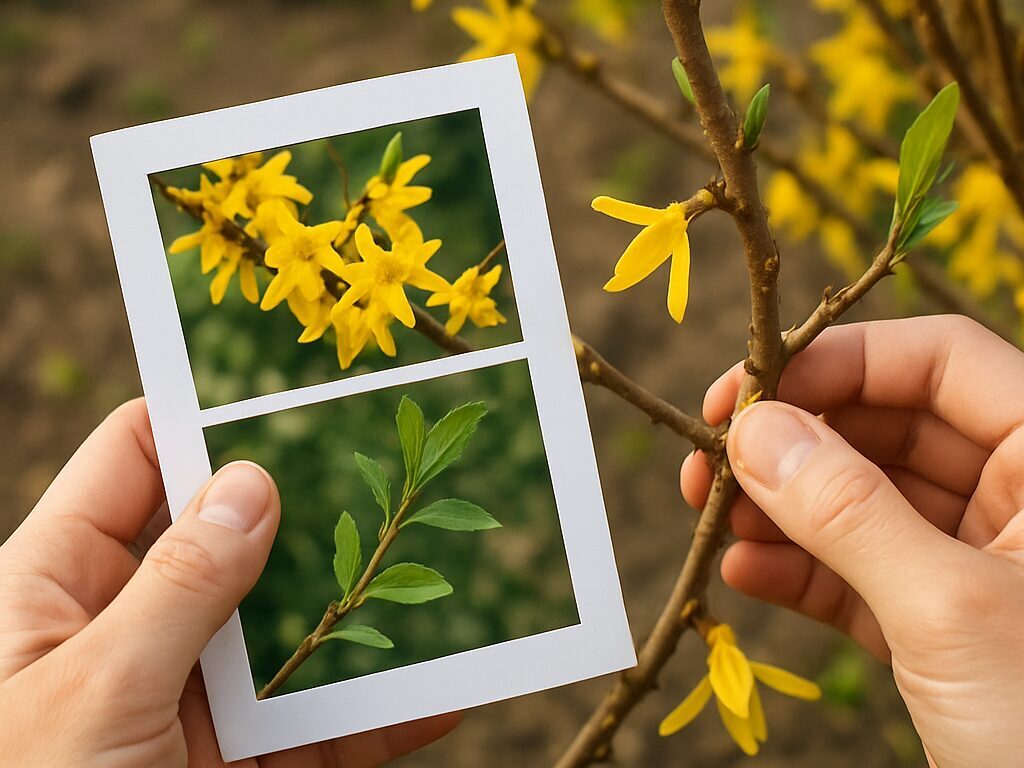 背丈の異なるレンギョウを鉢植えと生け垣で比較配置。濃淡の黄花が咲く