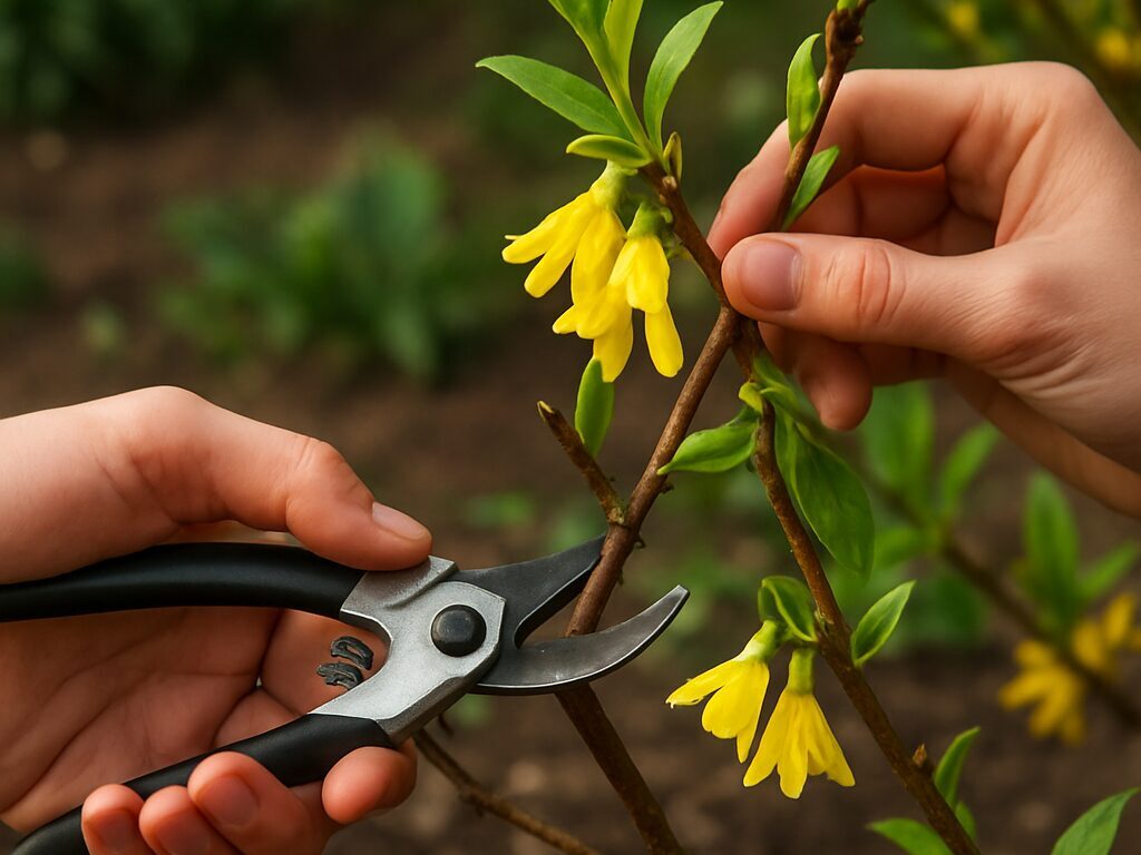 早春の黄花、夏の新緑、秋の黄葉、冬の枝ぶりと剪定跡を並べたレンギョウの四季