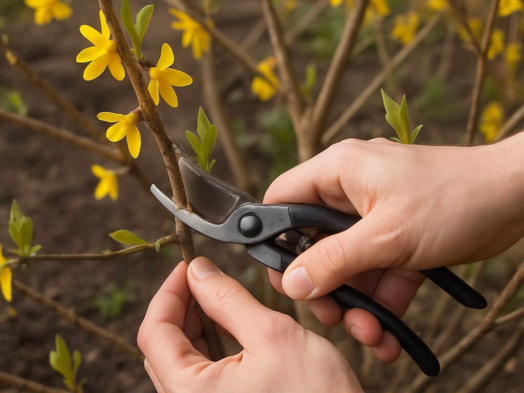 整った樹形に育ったレンギョウが庭沿いに連なり、鮮やかな黄花で春景色を彩る