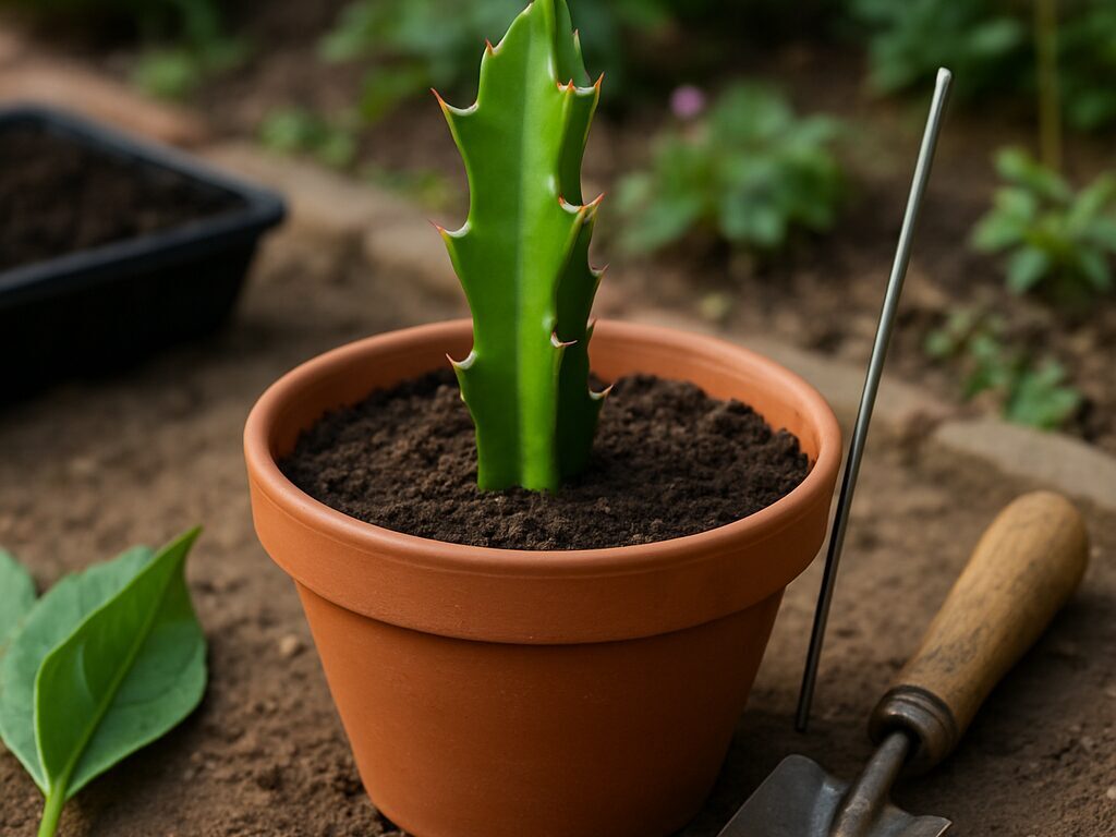 支柱のそばに茎節を垂直に挿し、軽く潅水した鉢で発根を管理する様子