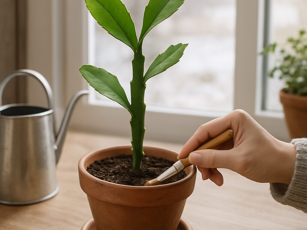 室内の明るい窓辺で、温度計のそばに置かれた鉢植えのドラゴンフルーツ