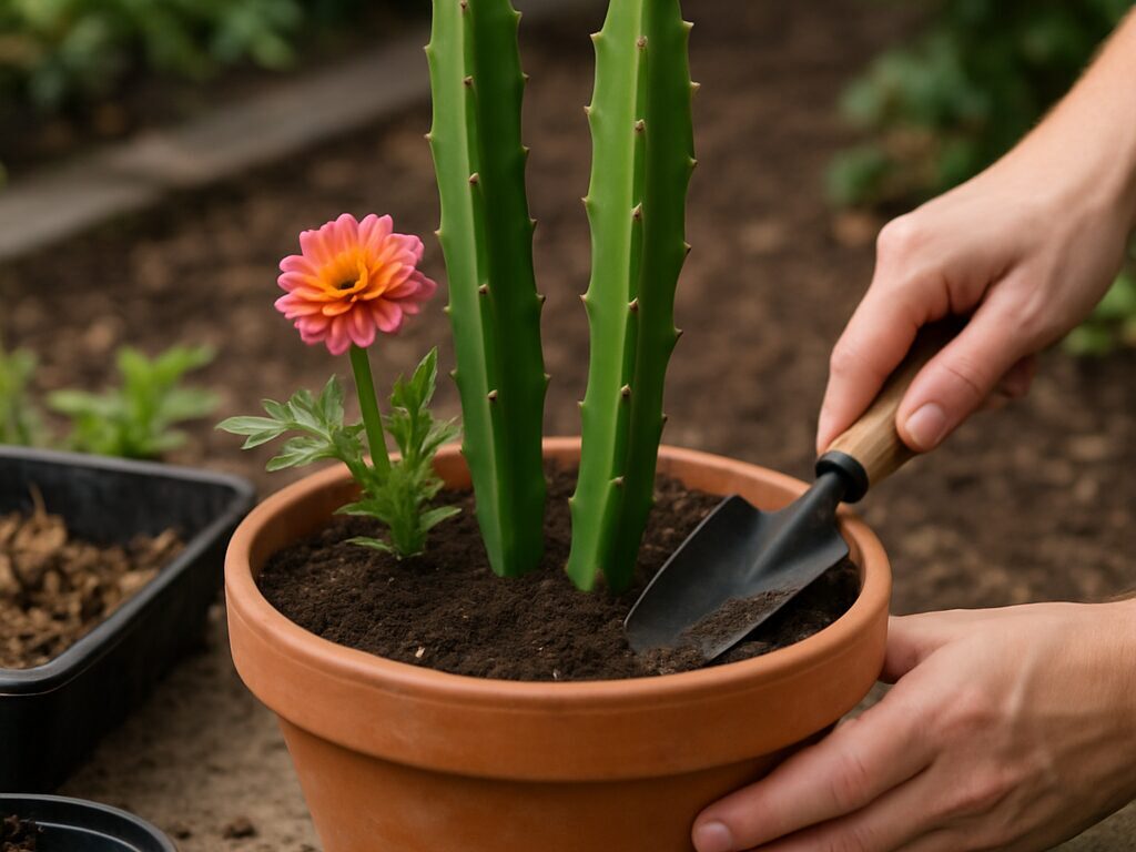 剪定ばさみと挿し穂、植え付けた鉢、実を付けた株を一列に並べた手順の総括