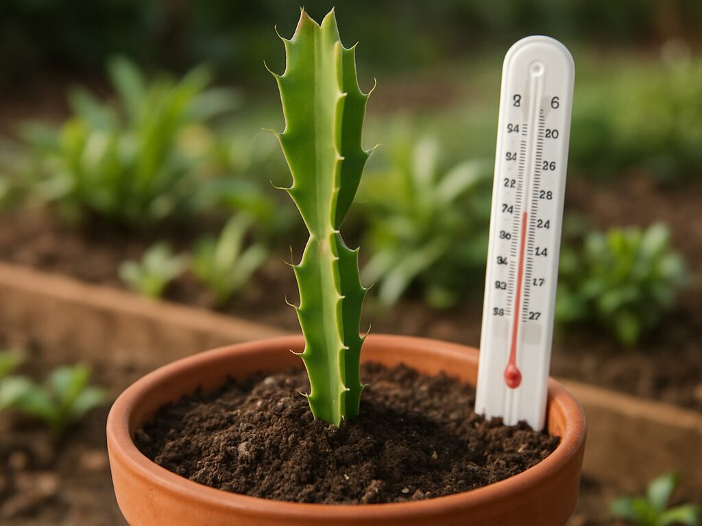 温度計が25℃前後を指す温室で、ドラゴンフルーツの茎節を並べる