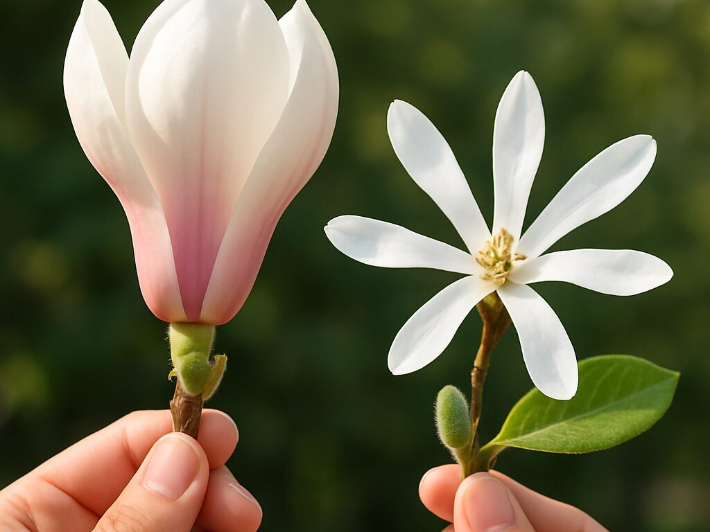 紫のモクレンと白いコブシの枝を左右に並べ、花形の違いを示す接写
