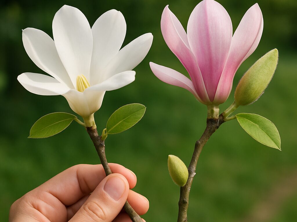 毛に包まれたコブシの冬芽と太めのモクレンの芽を並べ、指先で特徴を指す