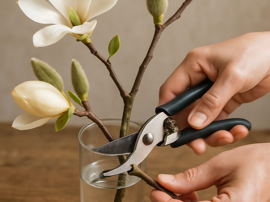 花瓶に生けた白いコブシと紫のモクレンの切り枝、室内で楽しむ春の花材