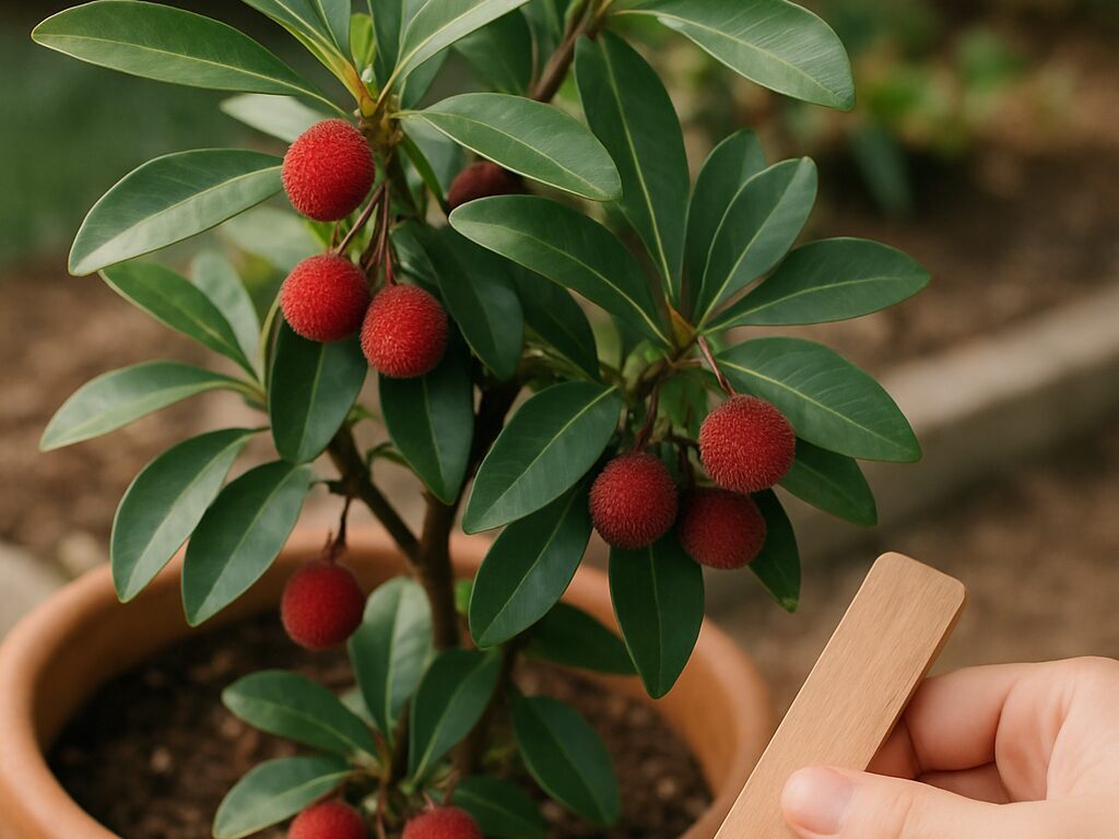 木の前で赤熟と未熟の山桃を片手ずつに持ち、見分け方を確かめている