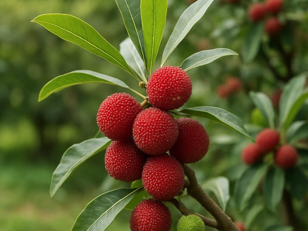 青から深紅へ色づく山桃の実が同じ枝に並ぶ、季節の移ろいを映す初夏の庭