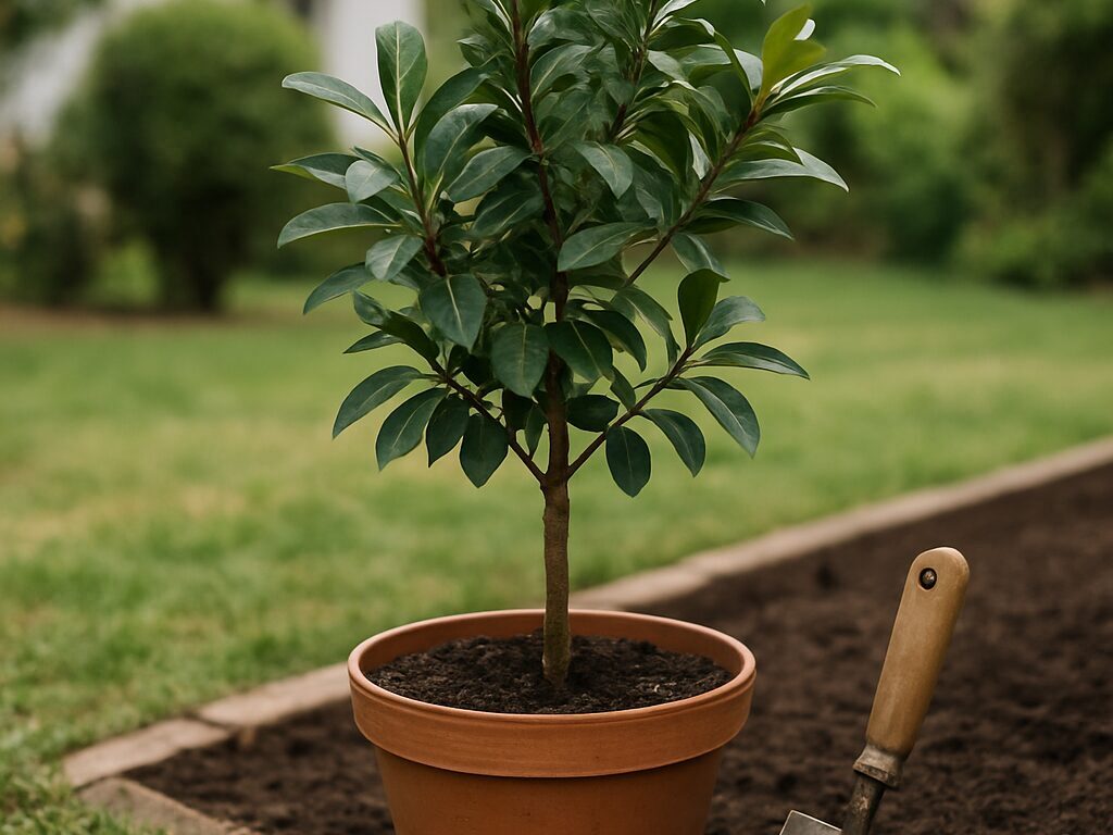 日当たりと風通しの良い庭で、山桃の苗木を植穴に据えスコップで整える