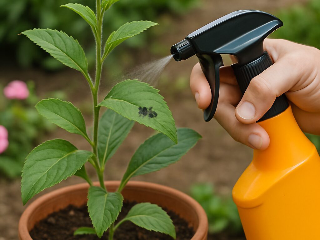 手袋の手が山桃の葉裏を点検し、病斑や虫食いを見つけ防虫ネットを張る準備