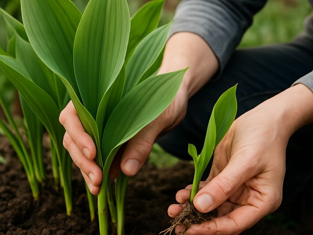 半日陰の庭で、マルチを敷いた鉢植えのスズランにジョウロで優しく潅水する手元