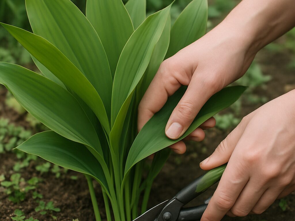 葉ばかり旺盛に茂り、白い花序が見当たらないスズランの株を上から捉えた様子