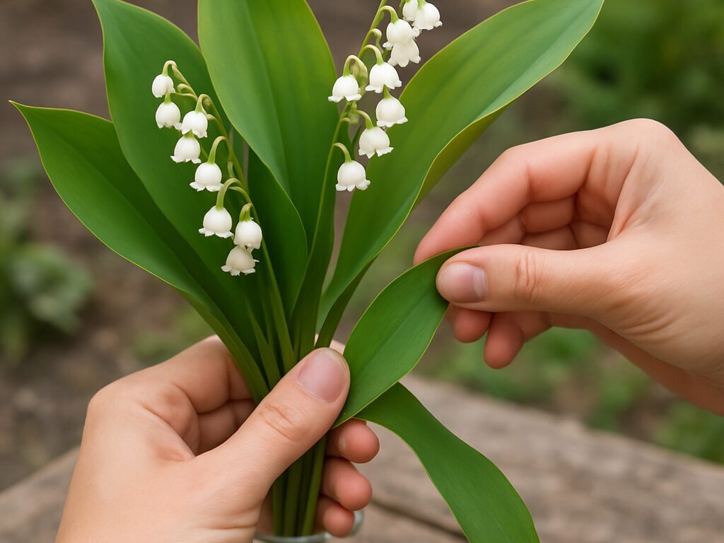 花瓶の水に浸かる部分の葉を取り除き、切り花のスズランを活け直す手元のアップ