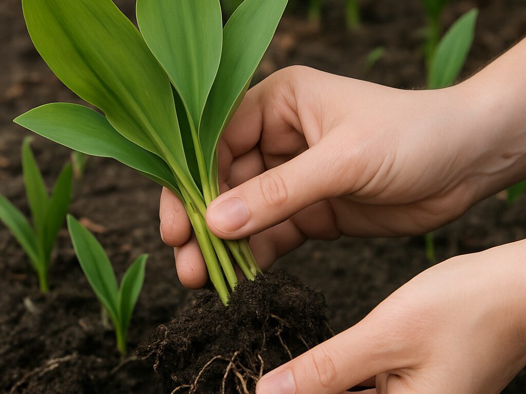 木漏れ日の下、瑞々しい緑の葉と白い鐘形の花が調和するスズランのクローズアップ