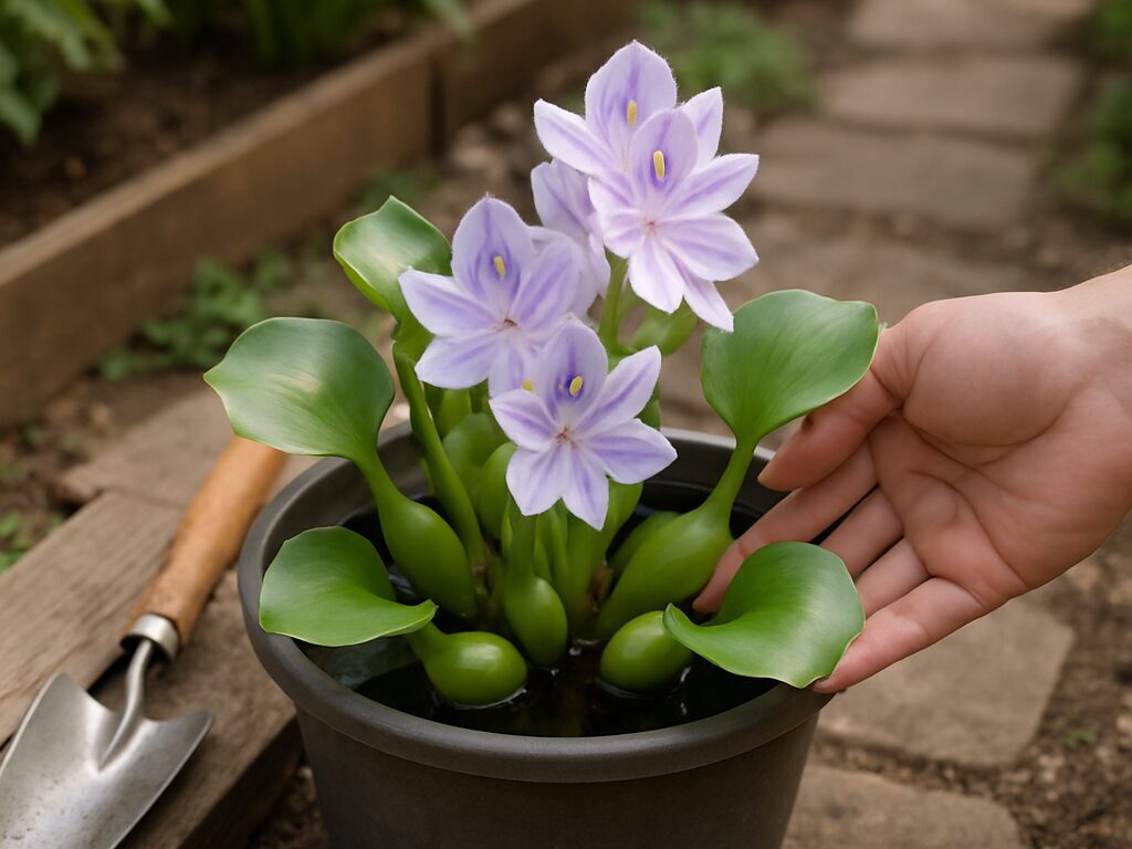 澄んだ水面に艶のある葉を広げたホテイ草が群生し、淡紫の花も咲く仕上がりの一枚