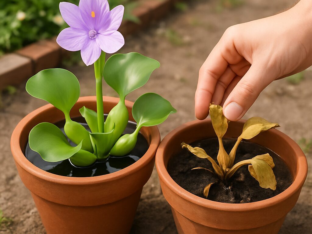 強い日差しで淡紫の花を上げる株と、日陰で花のないホテイ草の対比
