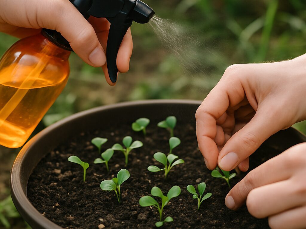 双葉のポピー苗をはさみで間引き、株間を空けてやさしく潅水する様子