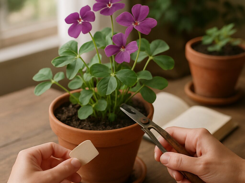 小瓶に活けたカタバミの可憐な花と葉、窓辺の柔らかな光でさりげなく飾る