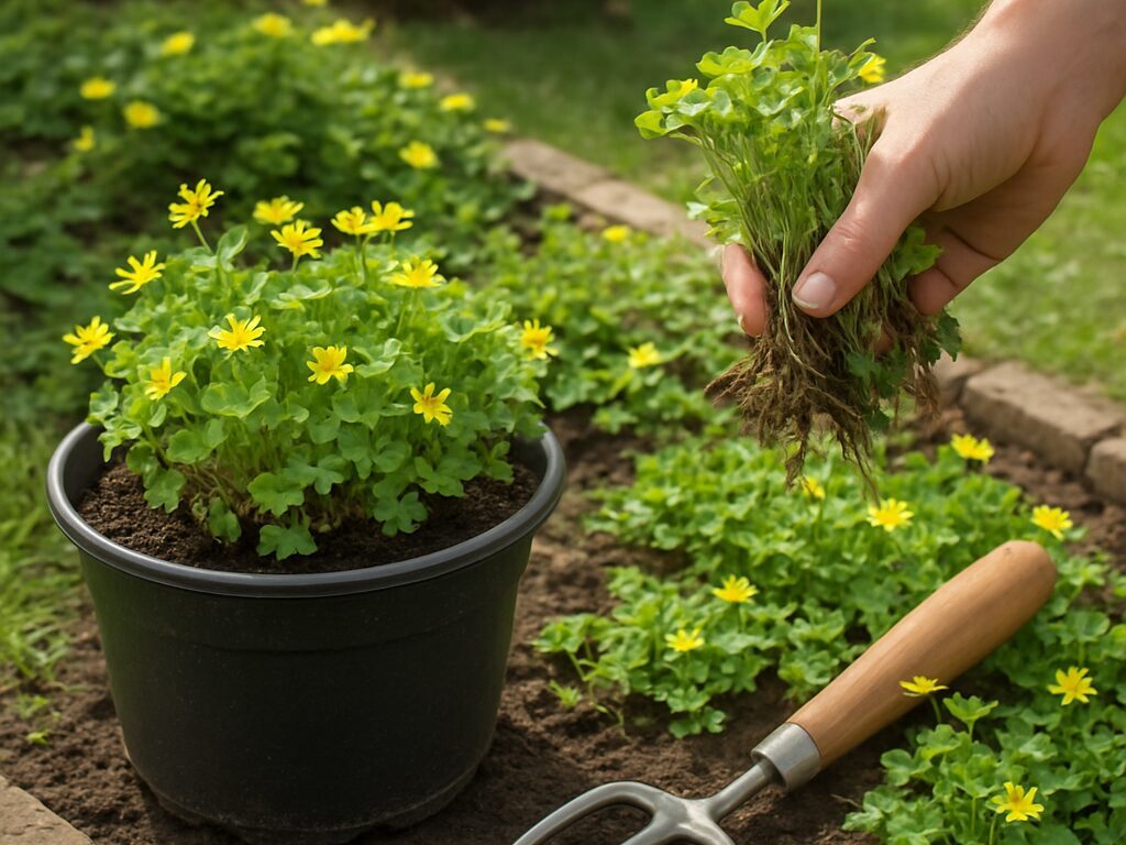 舗石の隙間に広がる黄花のカタバミを、手袋で根ごと抜き取る庭作業の手元