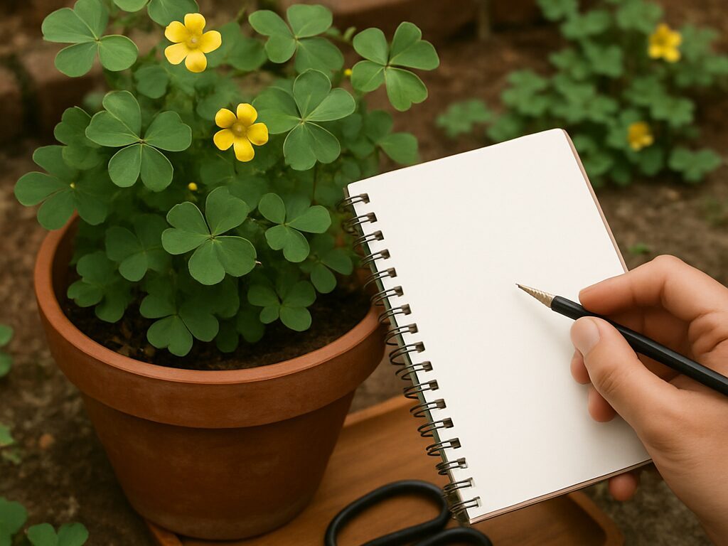 ハート形の三出葉と五弁の黄花、細い茎に種子莢が付くカタバミの接写