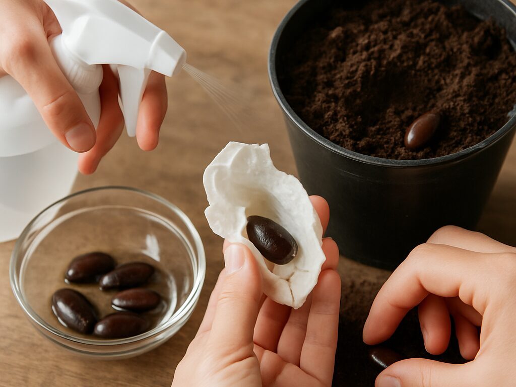 明るい日陰で揃って育つポポーの若い苗が並ぶ鉢、健やかな生育の様子