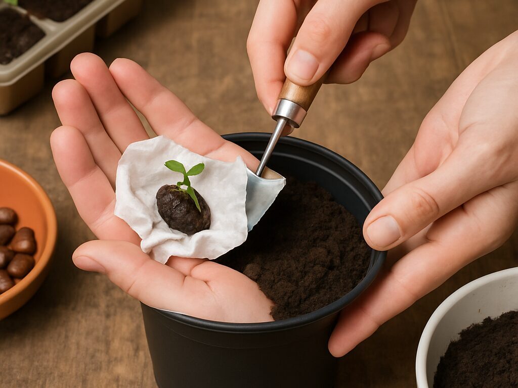 本葉の出たポポー苗を根鉢を崩さず鉢増しし、支柱で固定して植え付ける