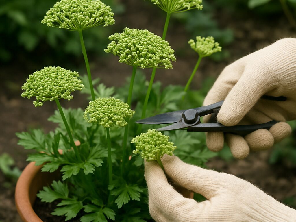 鉢植えのイタリアンパセリで、園芸ばさみが花芽を摘み取る手元のクローズアップ